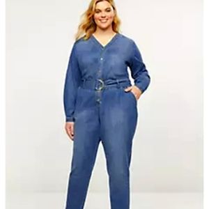 Button-Front Denim Jumpsuit/18 Petite